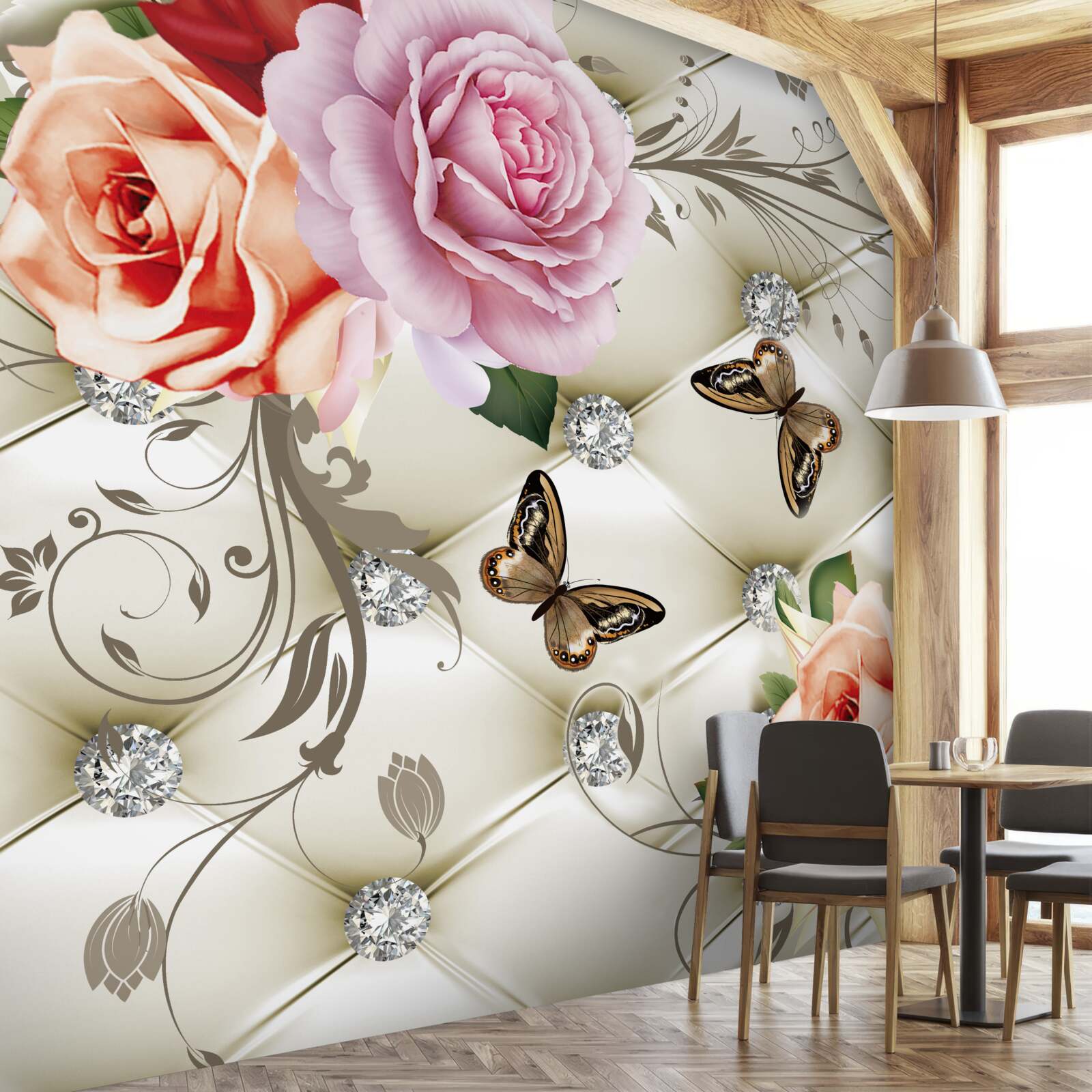 Papier peint roses perlées avec papillons brillants sur les boutons