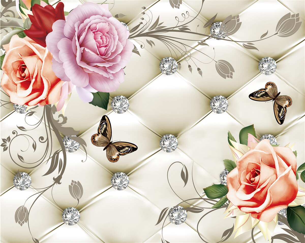 Papier peint roses pêche et violettes avec papillons