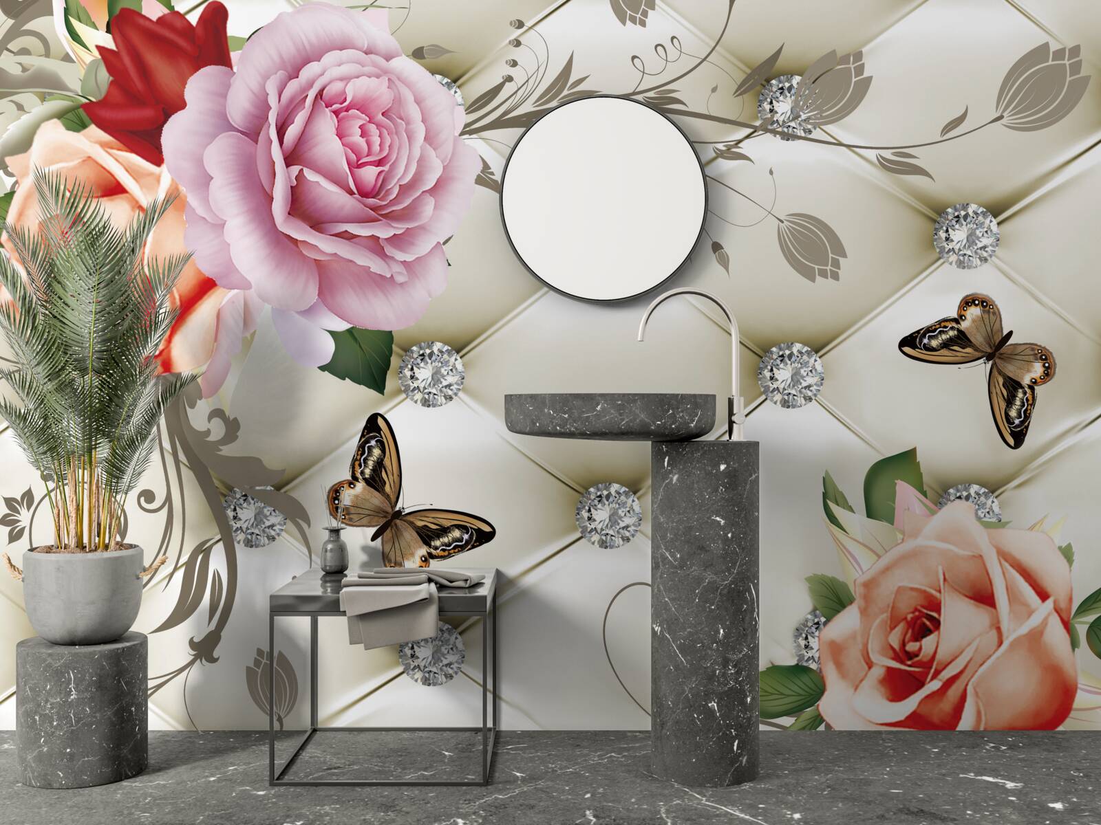 Papier peint roses pêche et violettes avec papillons
