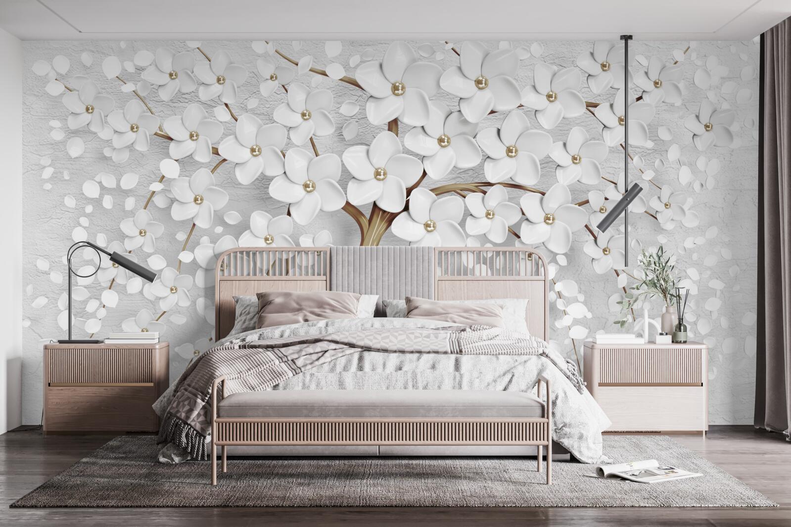 Papier peint fleurs blanches et lilas sur un arbre mature