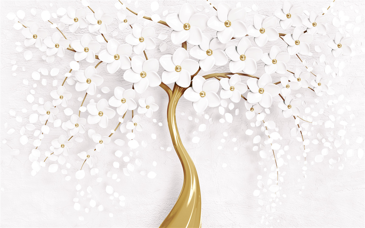 Papier peint Fleurs de sakura blanches comme neige sur un arbre élégant