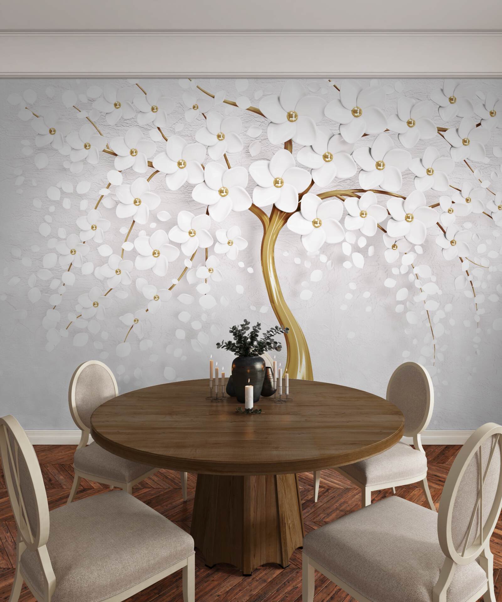Papier peint Fleurs de sakura blanches comme neige sur un arbre élégant