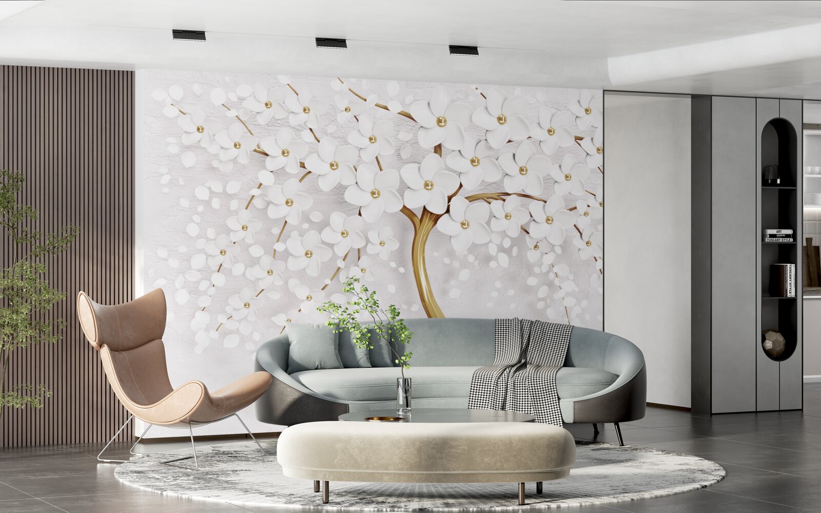 Papier peint Fleurs de sakura blanches comme neige sur un arbre élégant