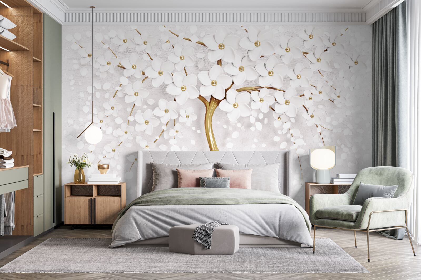 Papier peint Fleurs de sakura blanches comme neige sur un arbre élégant