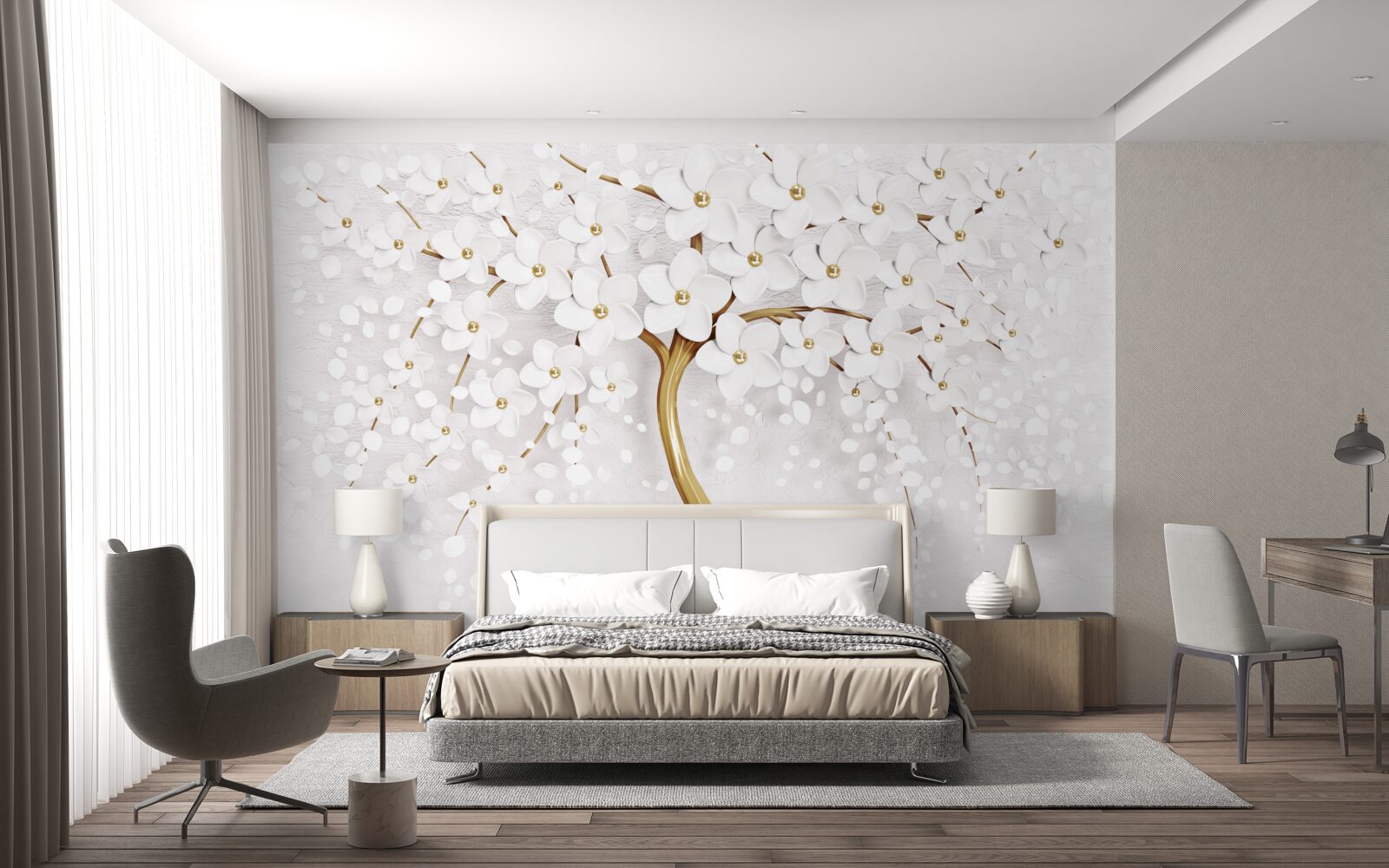 Papier peint Fleurs de sakura blanches comme neige sur un arbre élégant