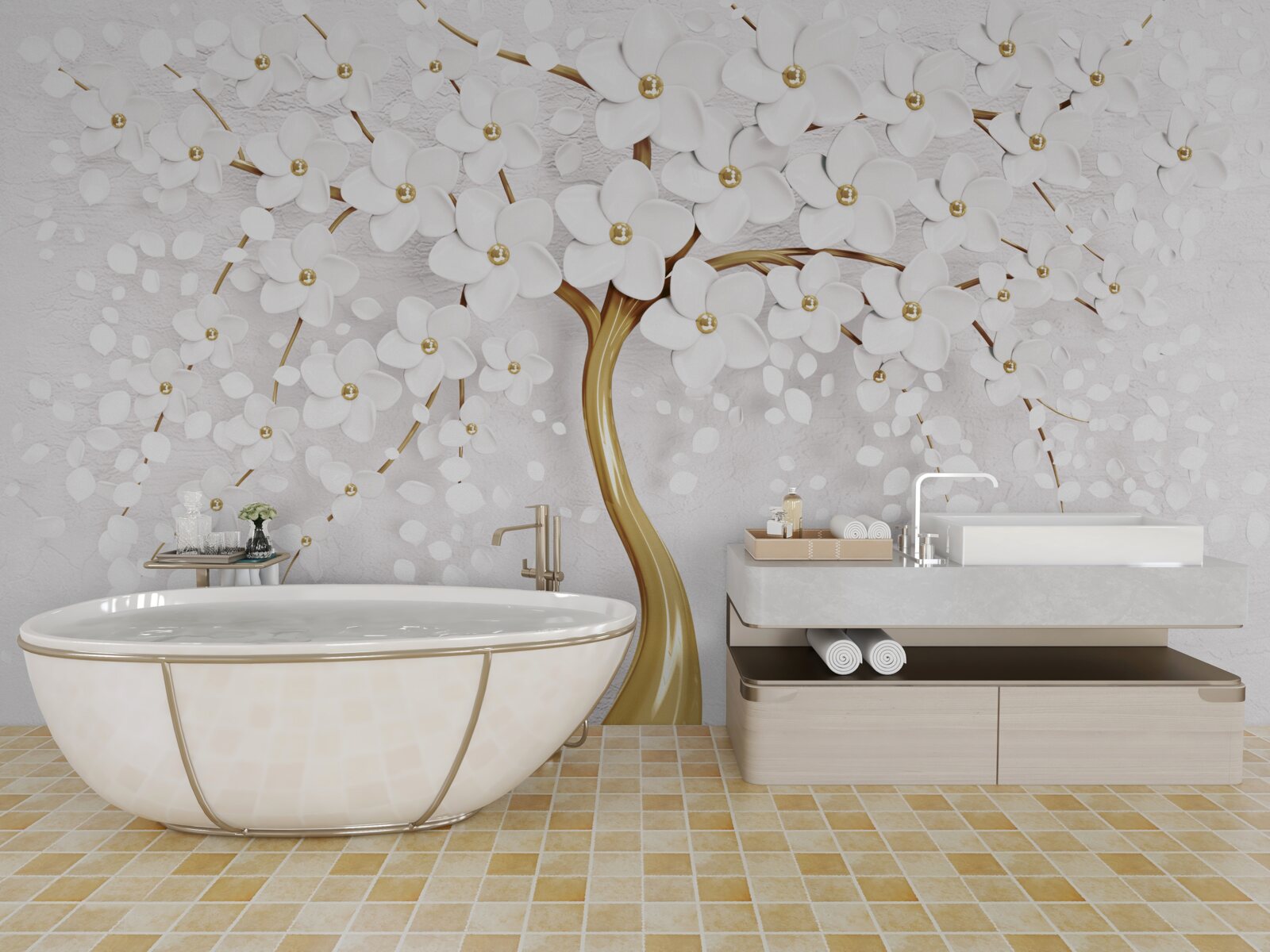 Papier peint Fleurs de sakura blanches comme neige sur un arbre élégant