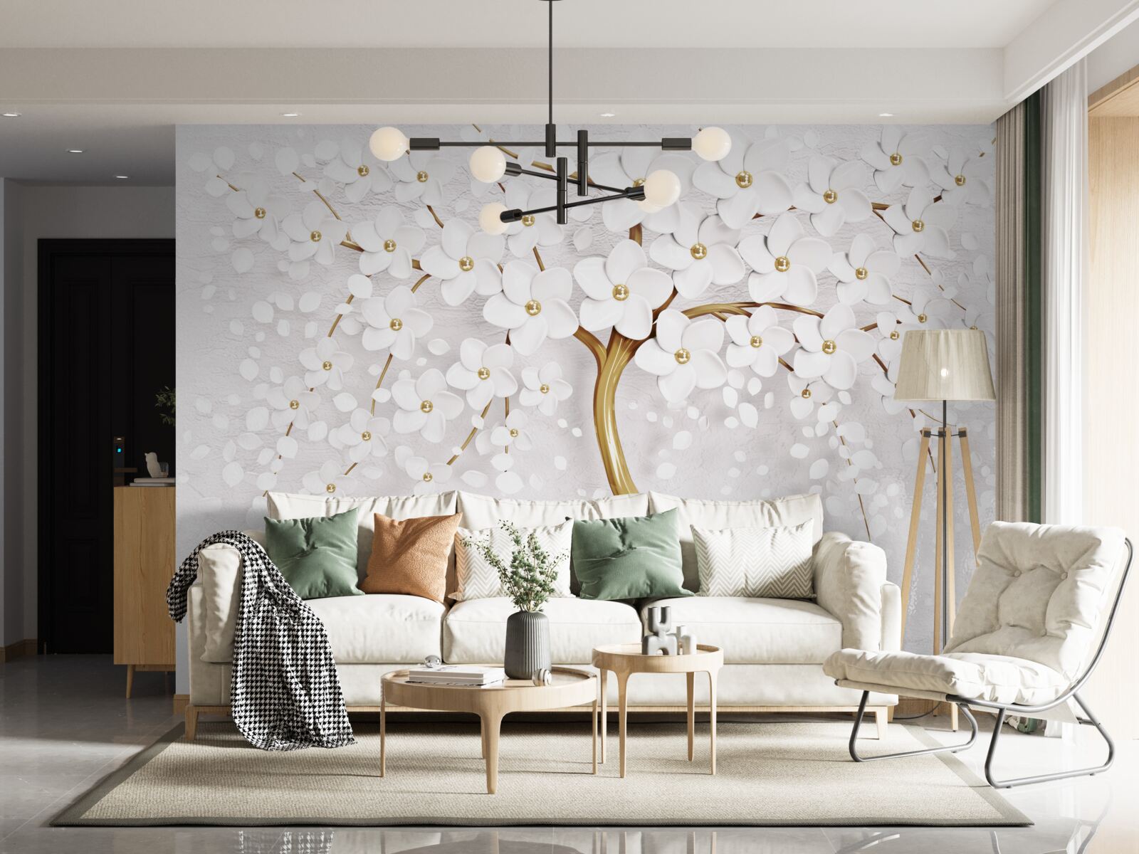 Papier peint Fleurs de sakura blanches comme neige sur un arbre élégant