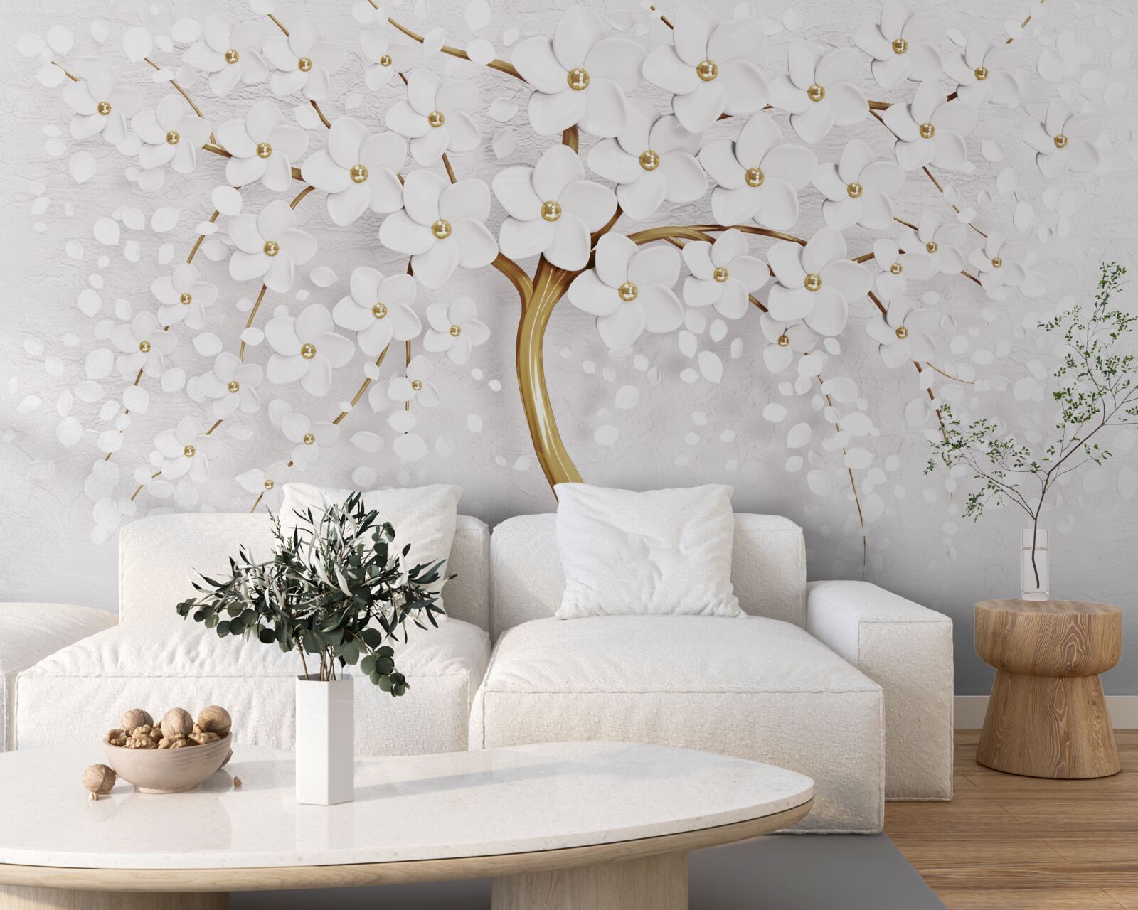 Papier peint Fleurs de sakura blanches comme neige sur un arbre élégant