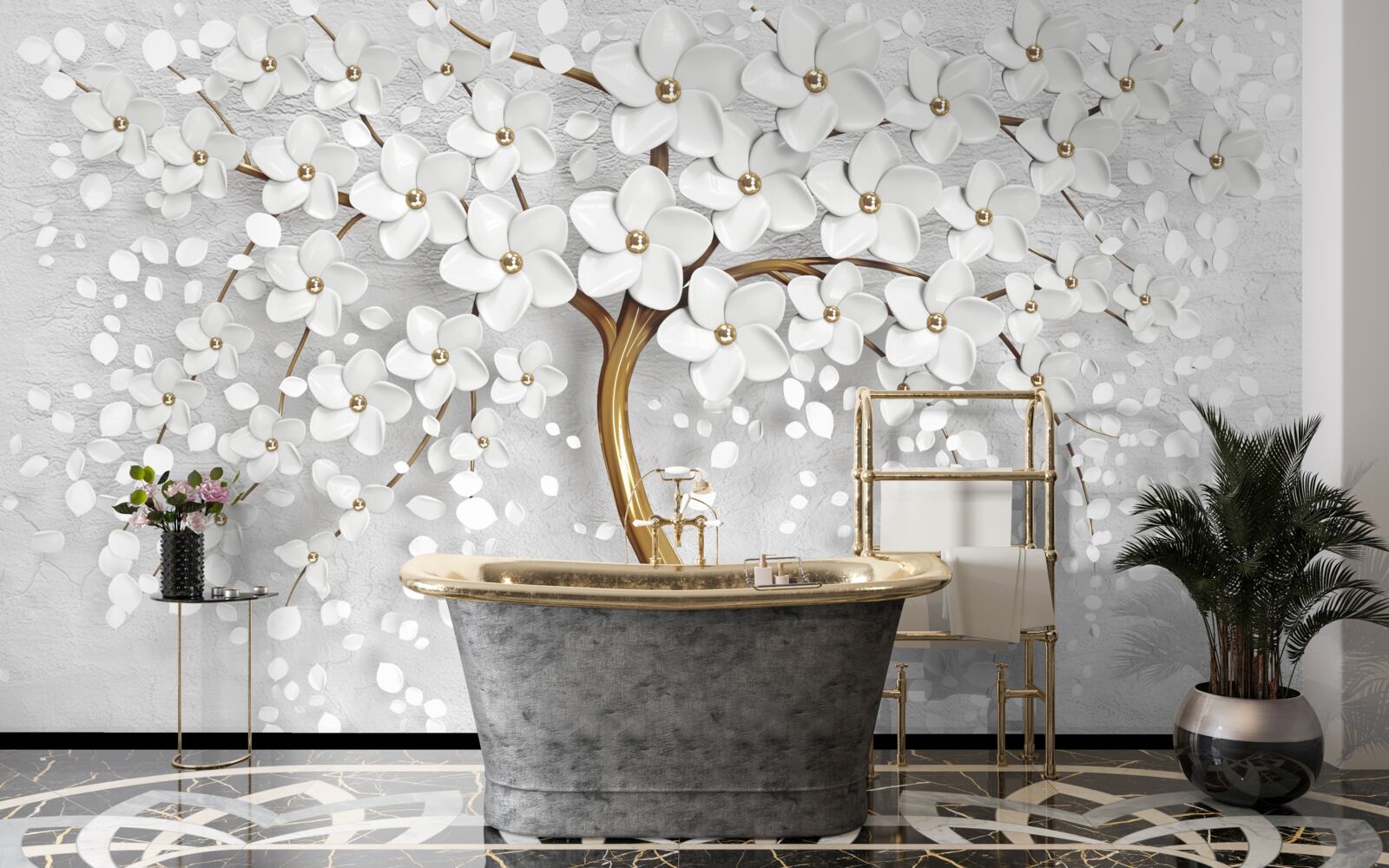 Papier peint arbre à fleurs blanches et au tronc élancé