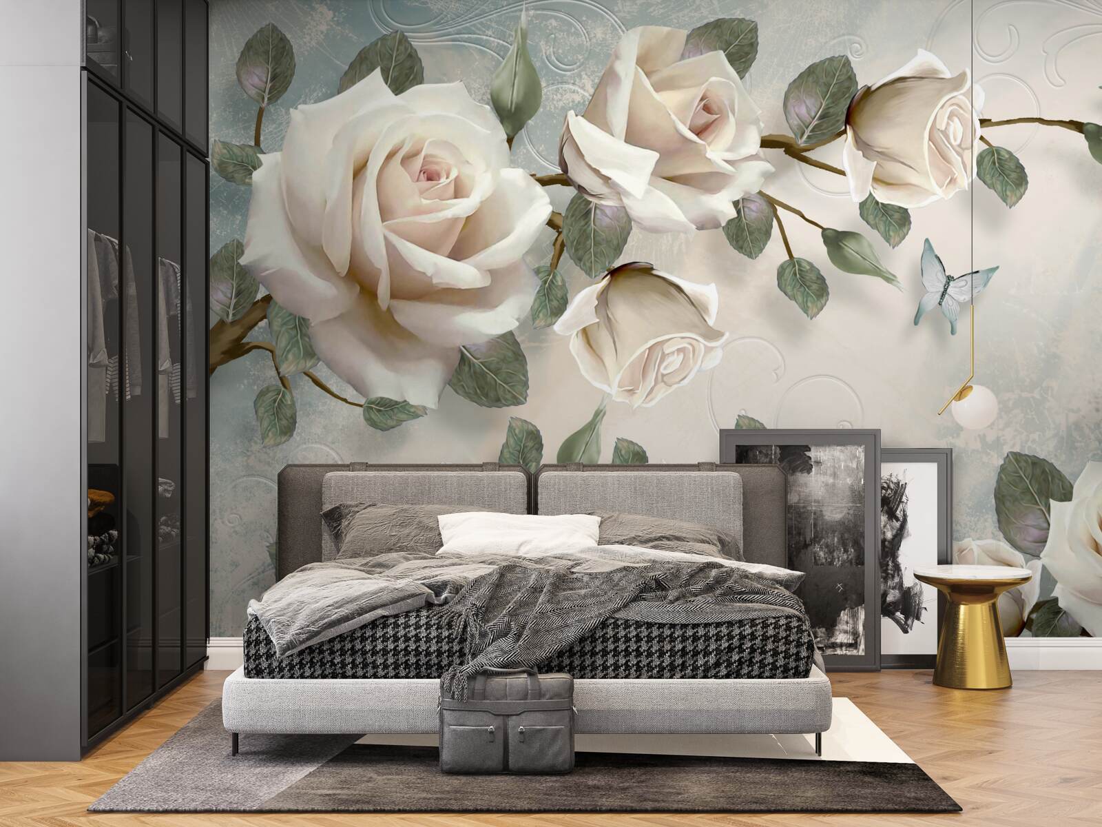 Papier peint papillons sur les branches d'une belle rose blanche