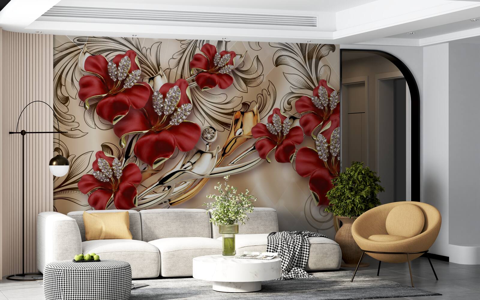 Papier peint bijoux en or avec bourgeons rouges