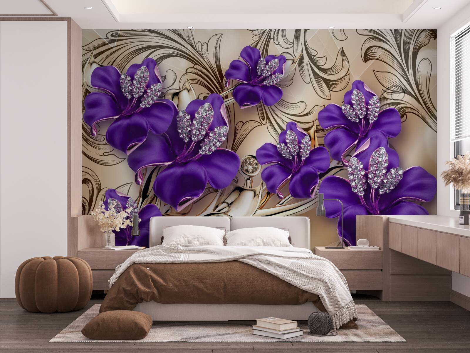 Papier peint pierres et métaux précieux décorés de fleurs violettes