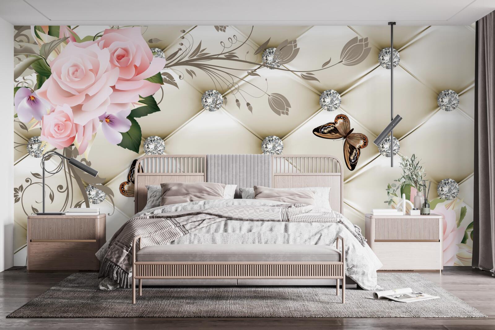 Papier peint décoration en tissu sur des roses dans les tons de rose avec des papillons en vol stationnaire au-dessus d'elles