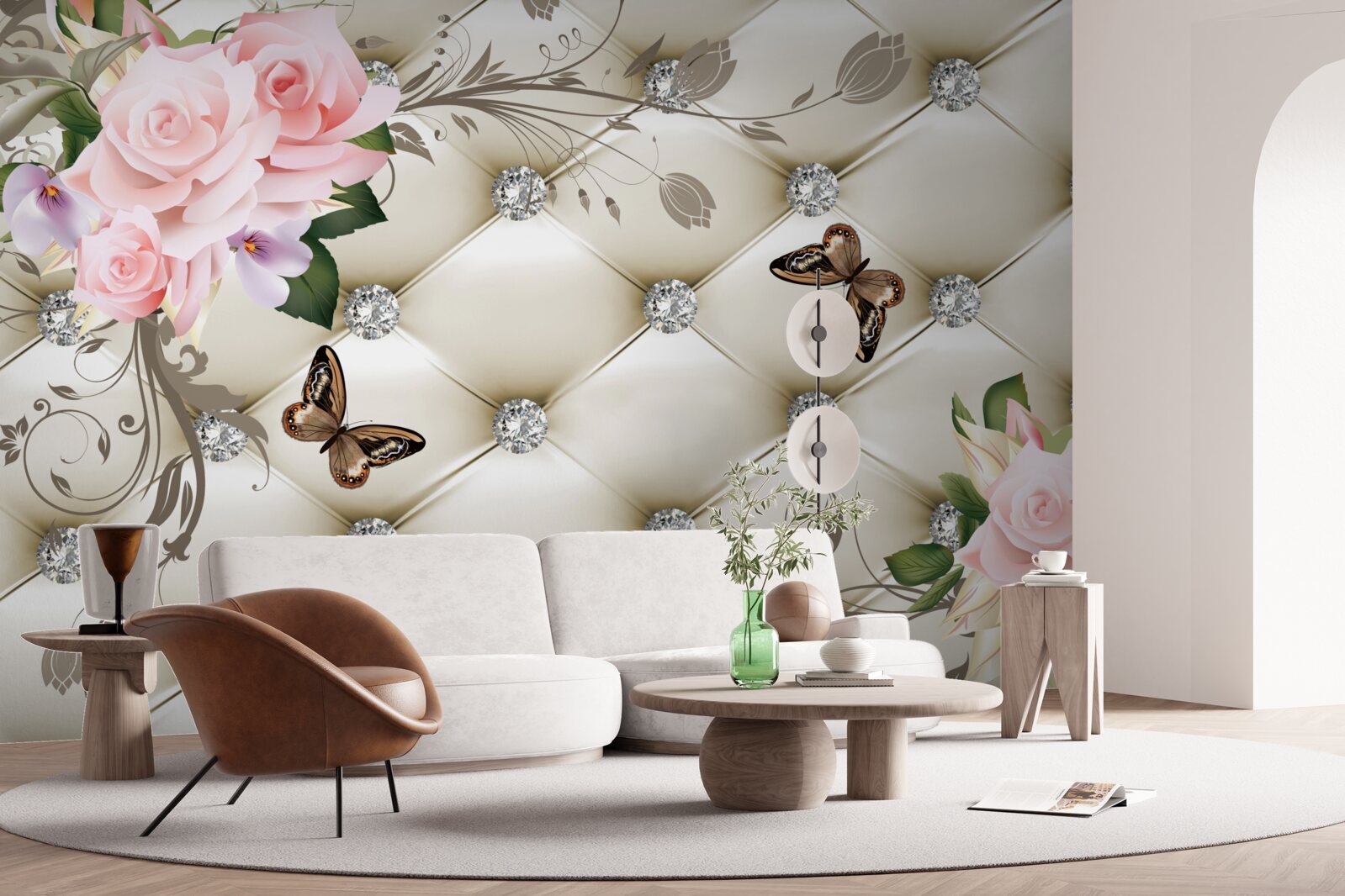 Papier peint décoration en tissu sur des roses dans les tons de rose avec des papillons en vol stationnaire au-dessus d'elles
