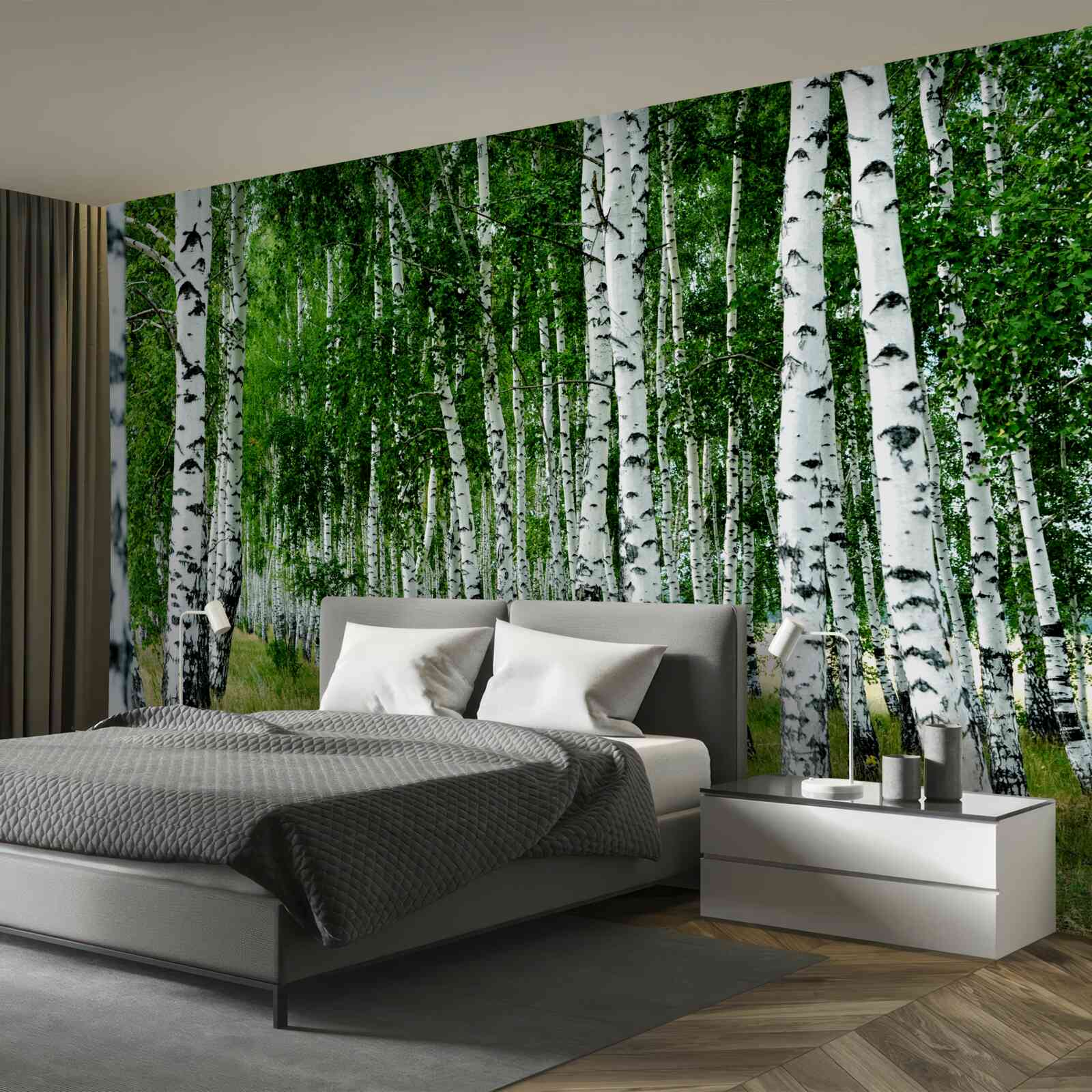 Papier peint bouleaux verts aux troncs gracieux dans un champ ouvert