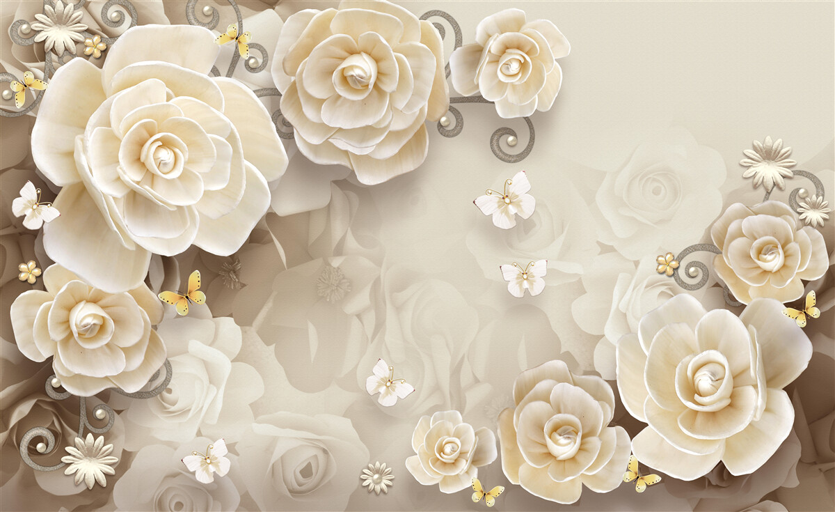 Papier peint fleurs avec perles sur une surface brillante
