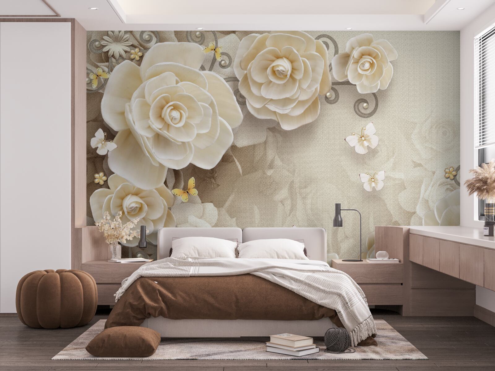 Papier peint fleurs avec perles sur une surface brillante