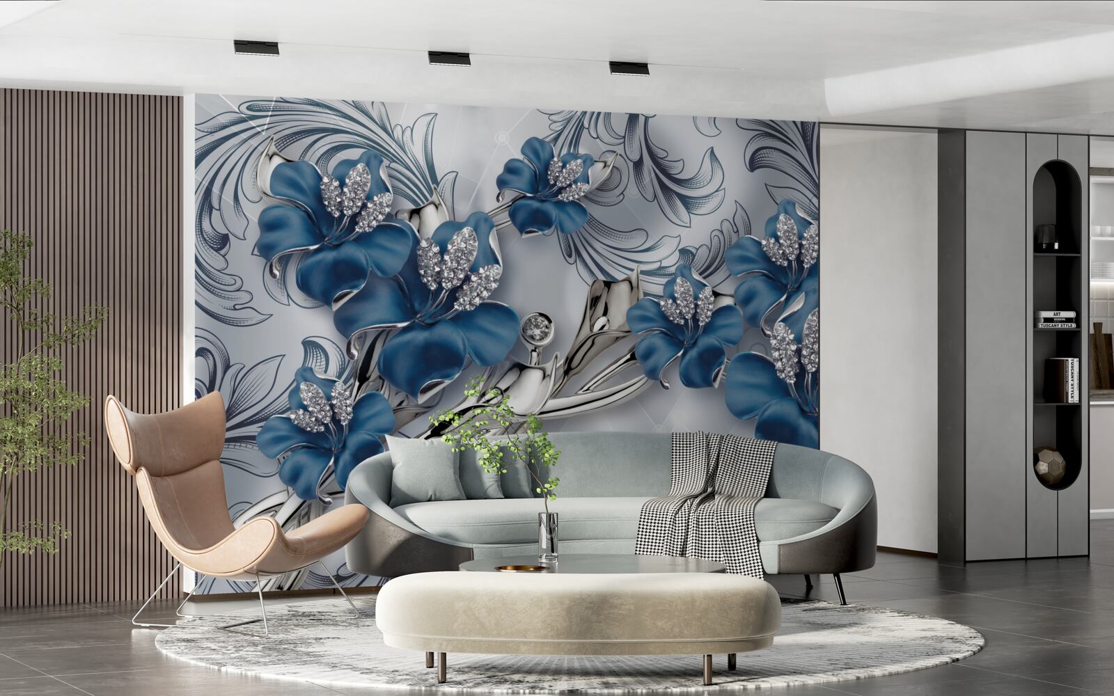 Papier peint fleurs bleu argenté