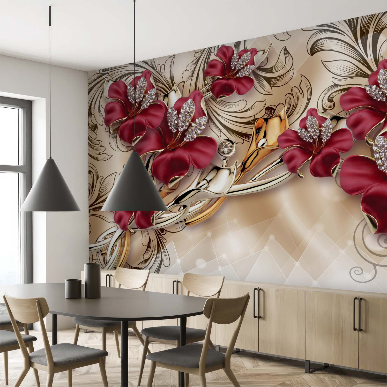Papier peint fleurs rouges avec éléments dorés et argentés