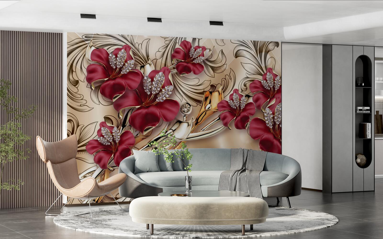 Papier peint fleurs rouges avec éléments dorés et argentés