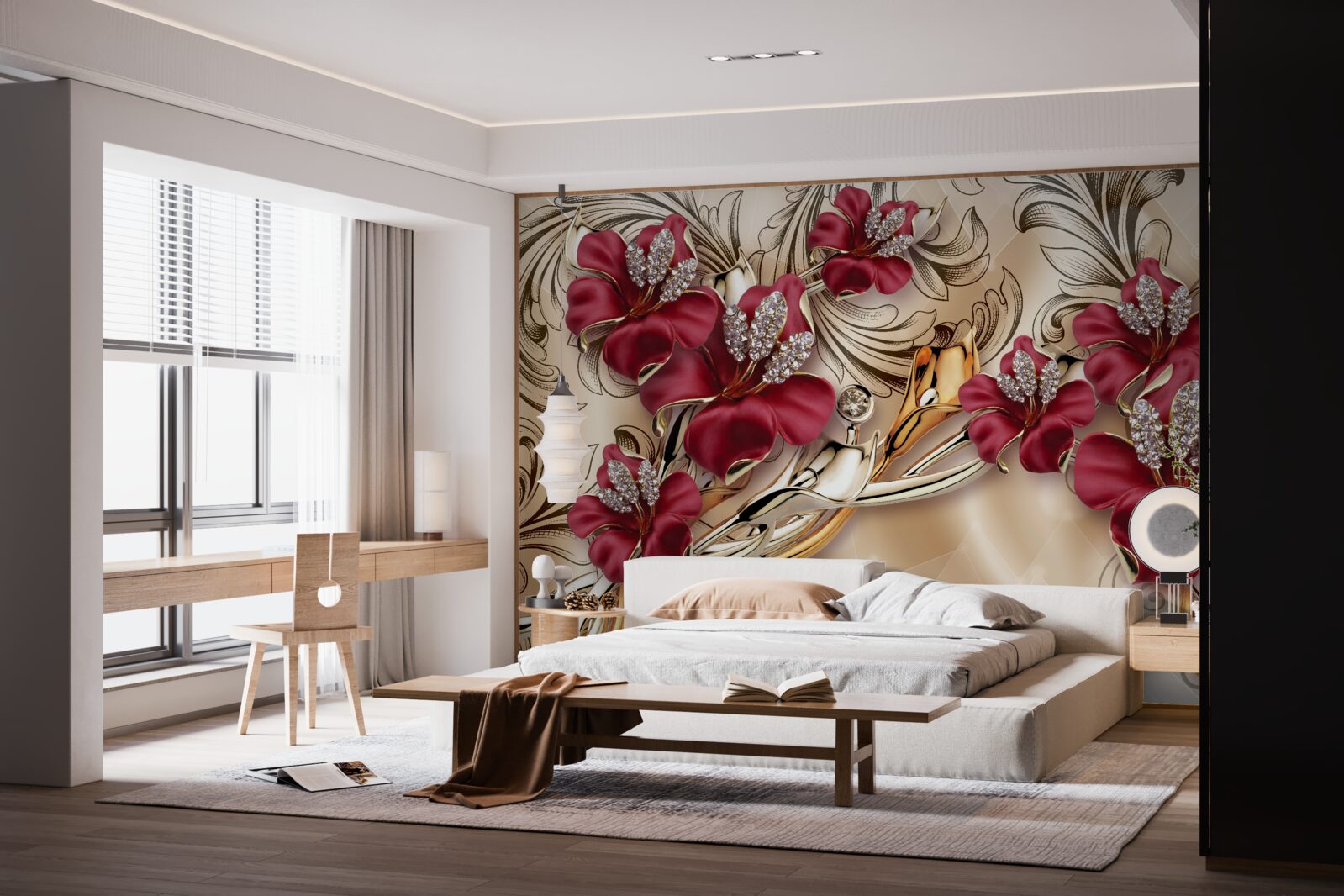 Papier peint fleurs rouges avec éléments dorés et argentés