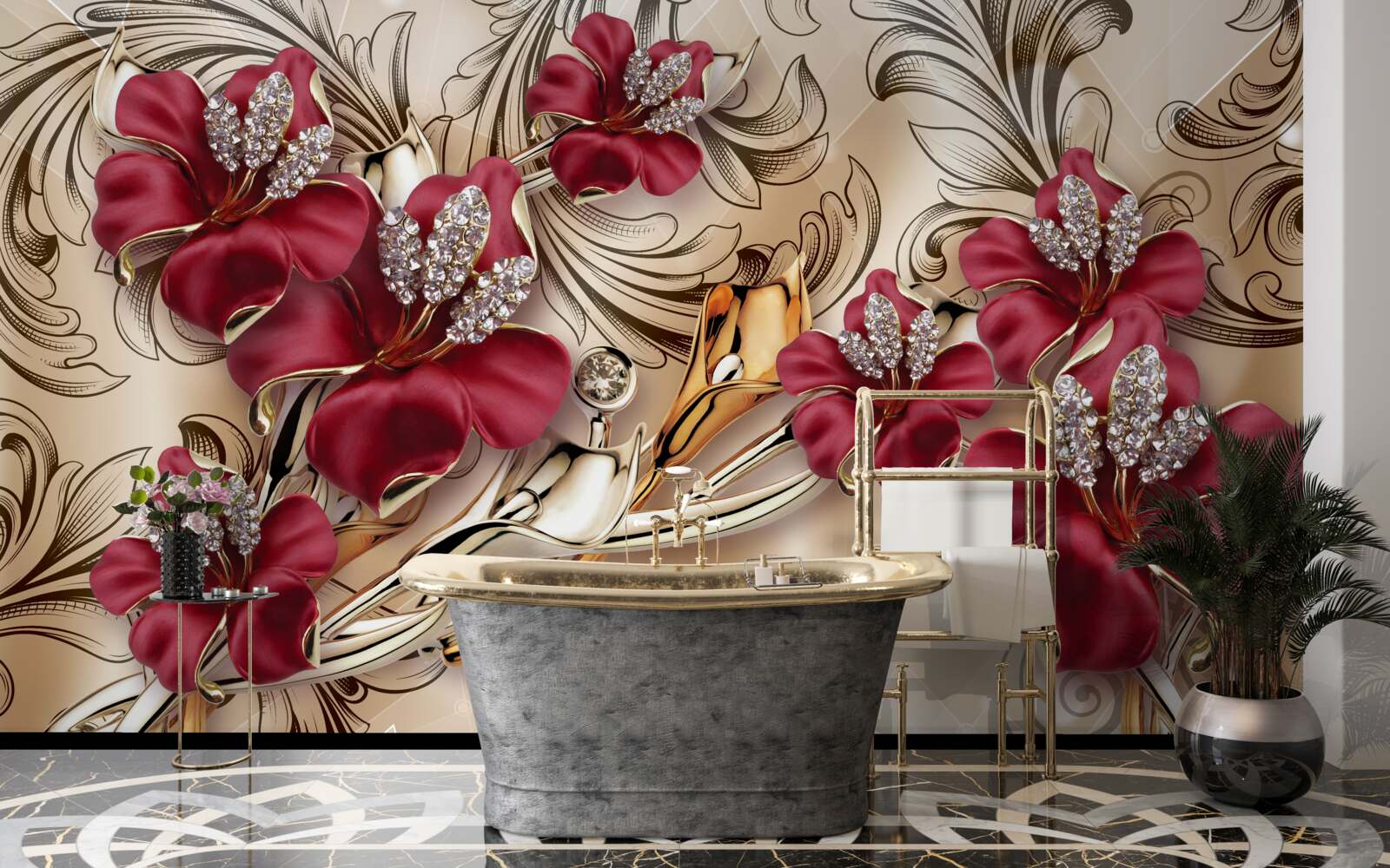 Papier peint fleurs rouges avec éléments dorés et argentés