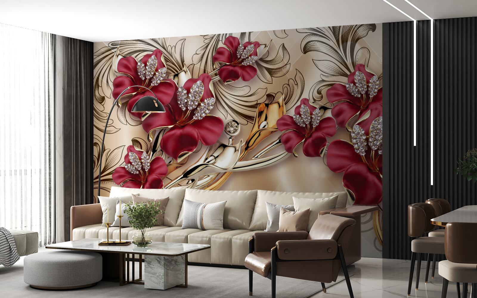 Papier peint fleurs rouges avec éléments dorés et argentés