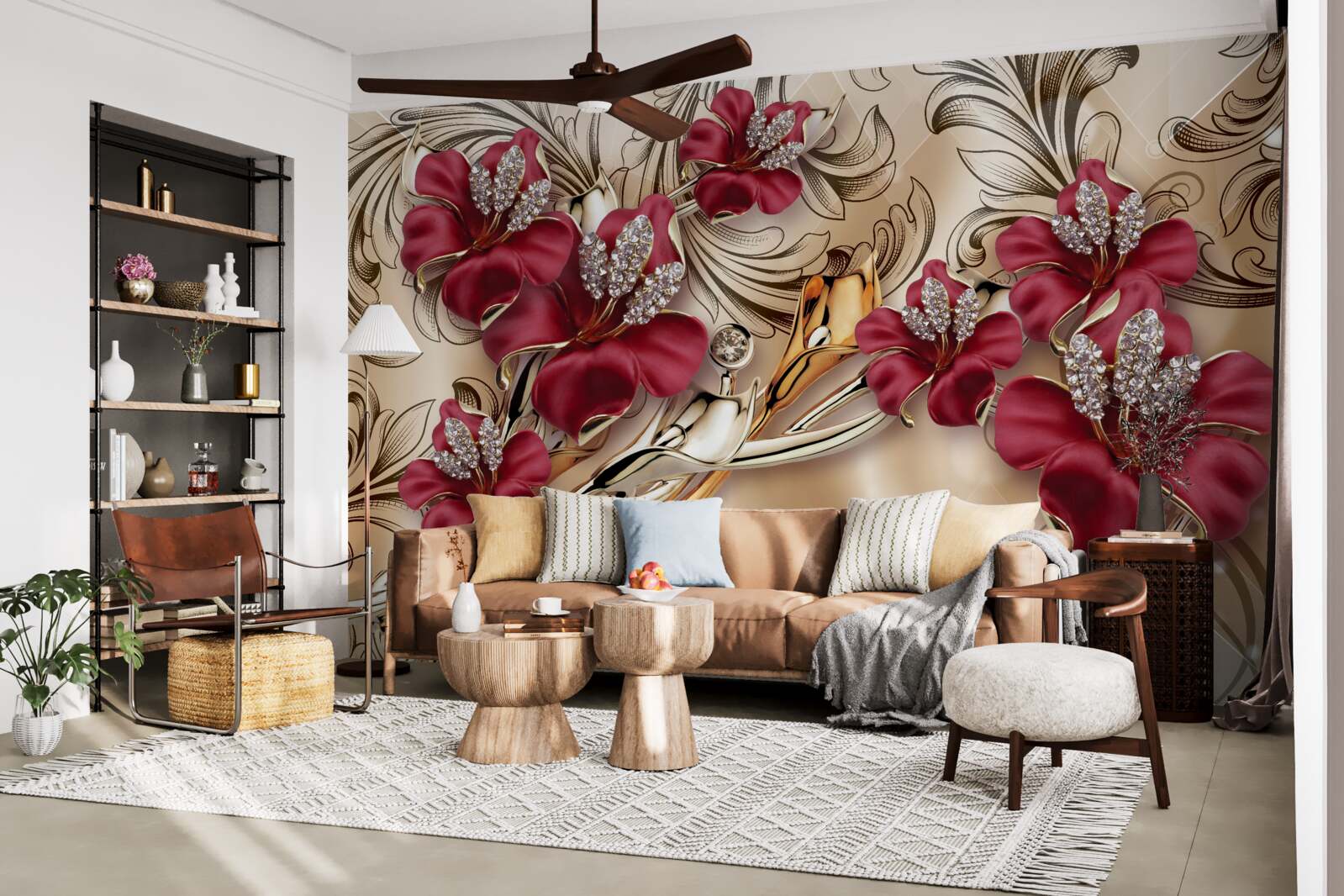Papier peint fleurs rouges avec éléments dorés et argentés