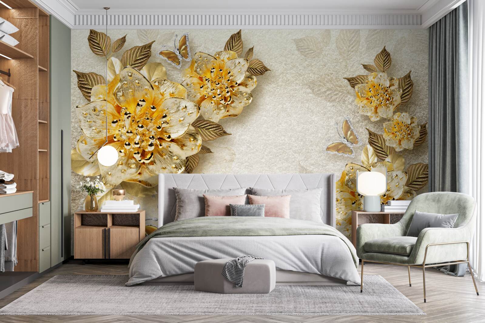 Papier peint fleurs d'automne dorées