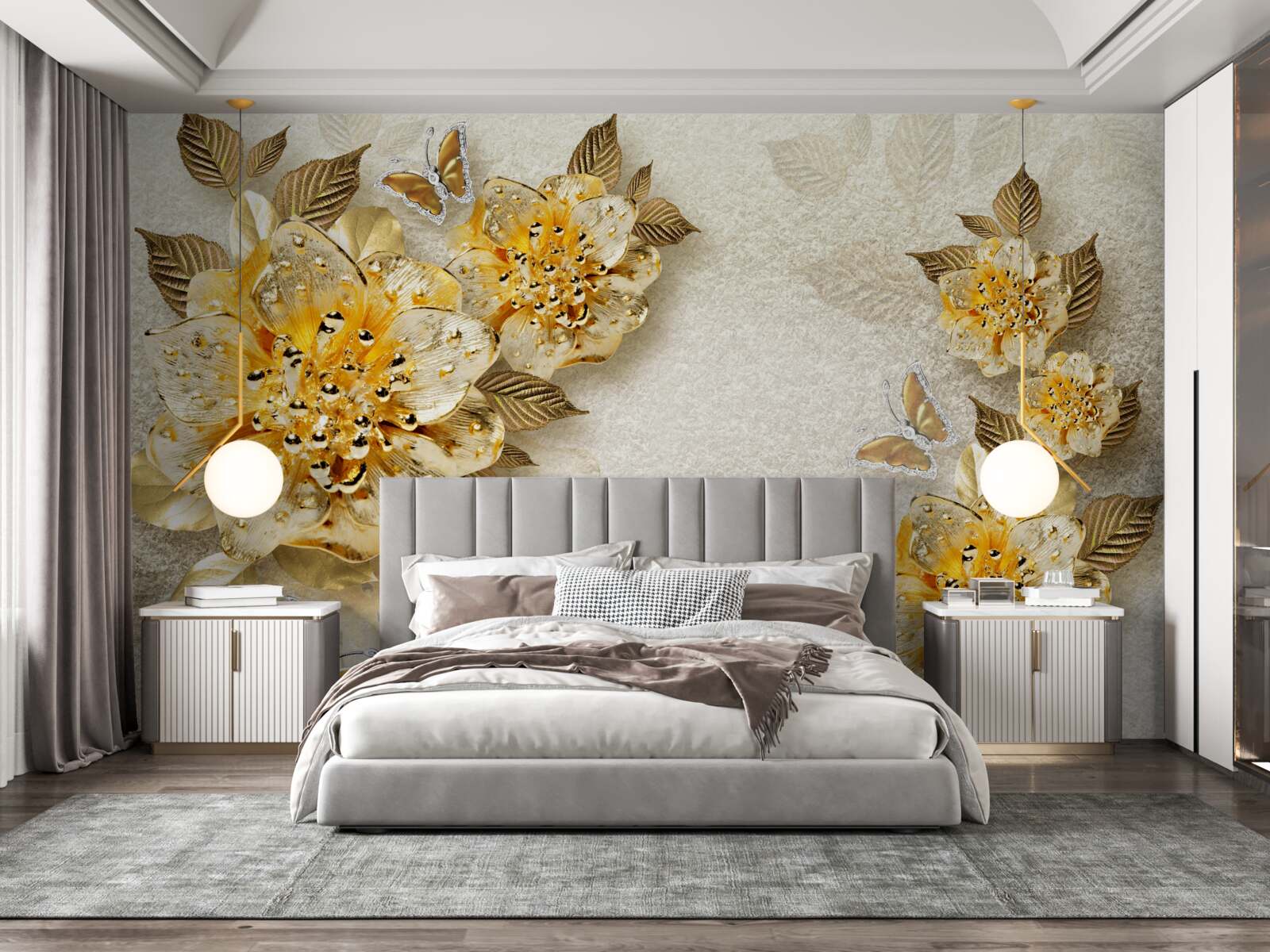 Papier peint fleurs d'automne dorées