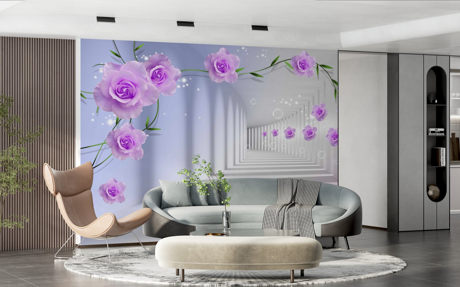 Papier peint le couloir est long et les roses sont lilas