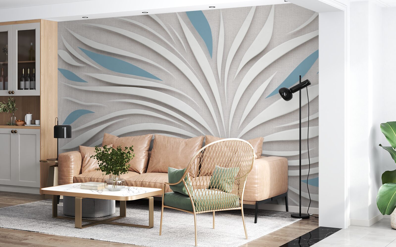 Papier peint des touches de blanc et de bleu sur le mur