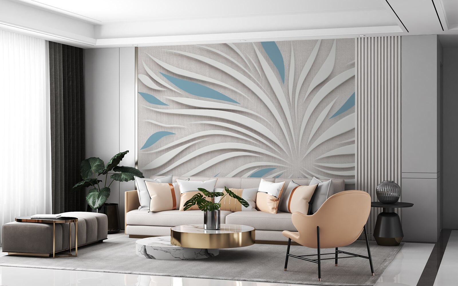Papier peint des touches de blanc et de bleu sur le mur