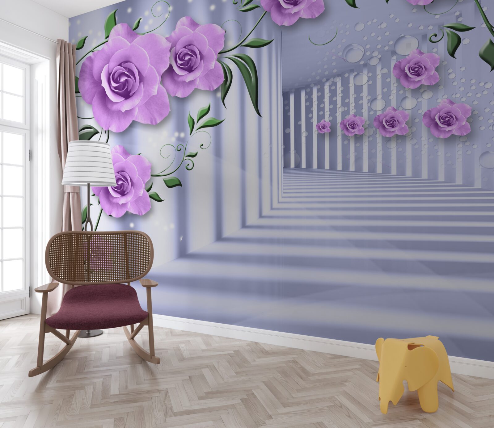 Papier peint des branches de lilas rose et un couloir blanc comme neige