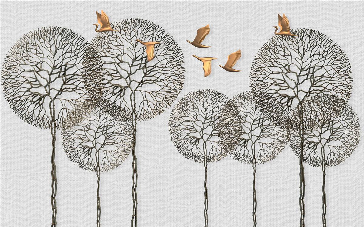 Papier peint des formations d'arbres sphériques inhabituelles et des oiseaux dorés