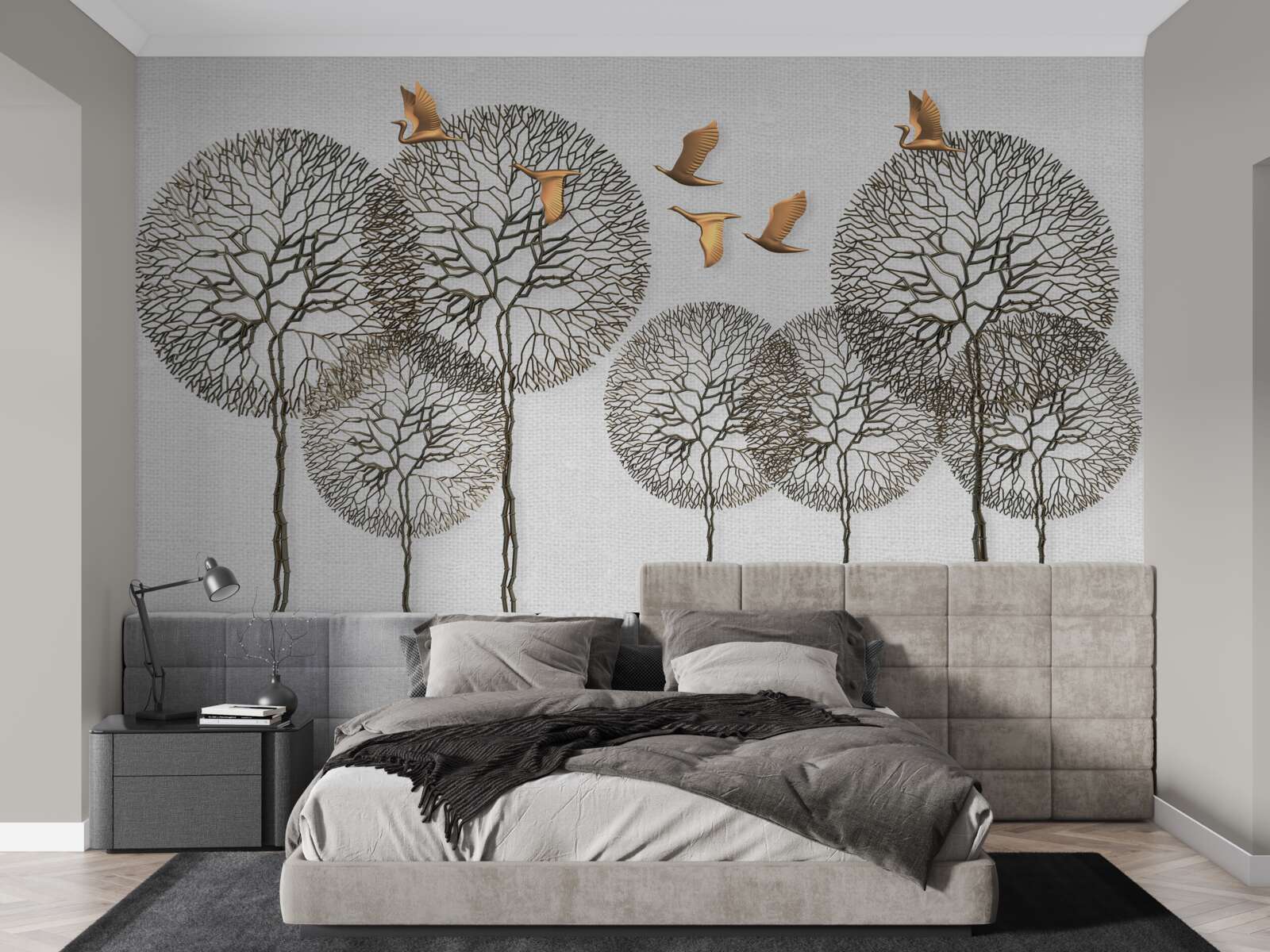 Papier peint des formations d'arbres sphériques inhabituelles et des oiseaux dorés