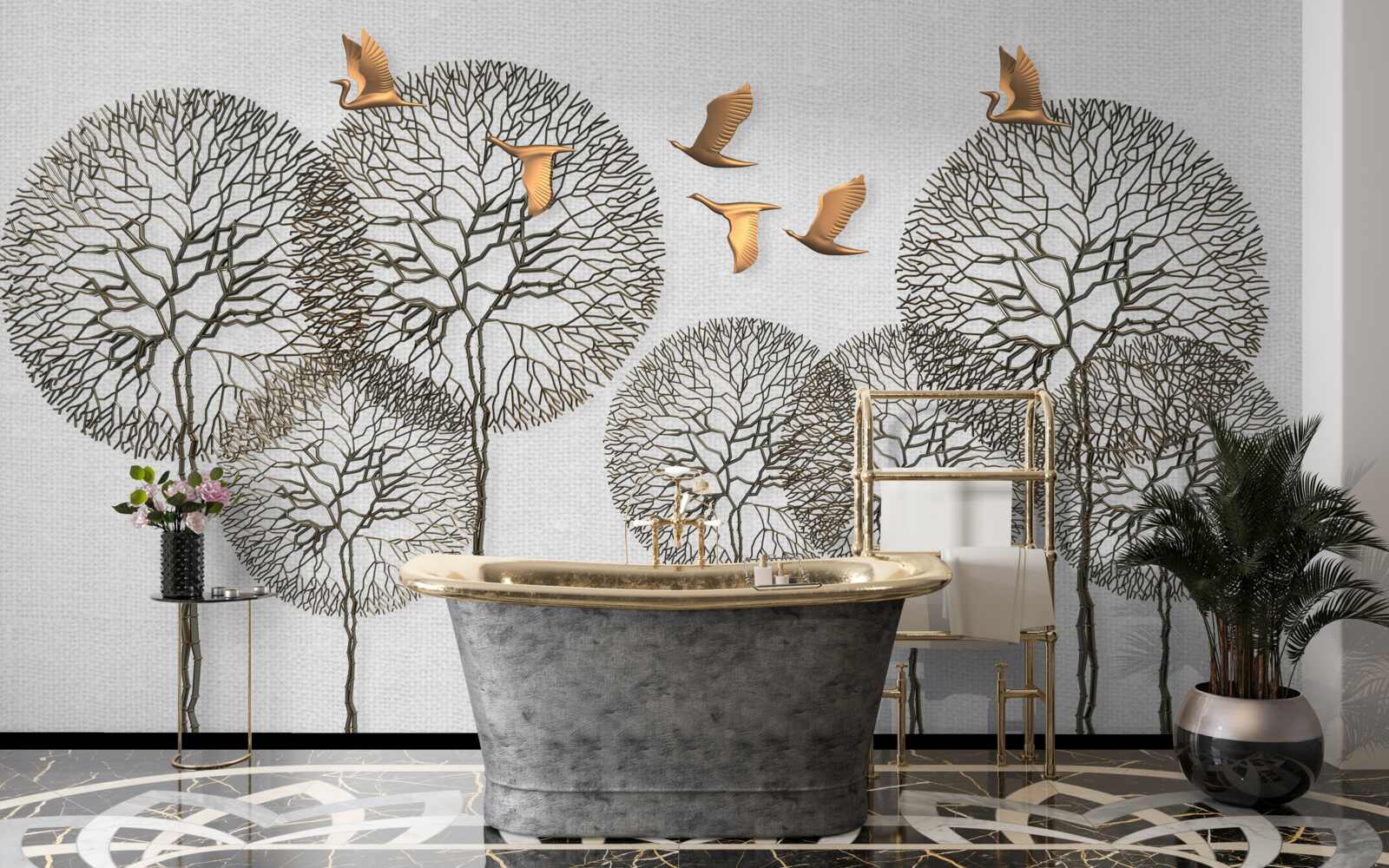 Papier peint des formations d'arbres sphériques inhabituelles et des oiseaux dorés