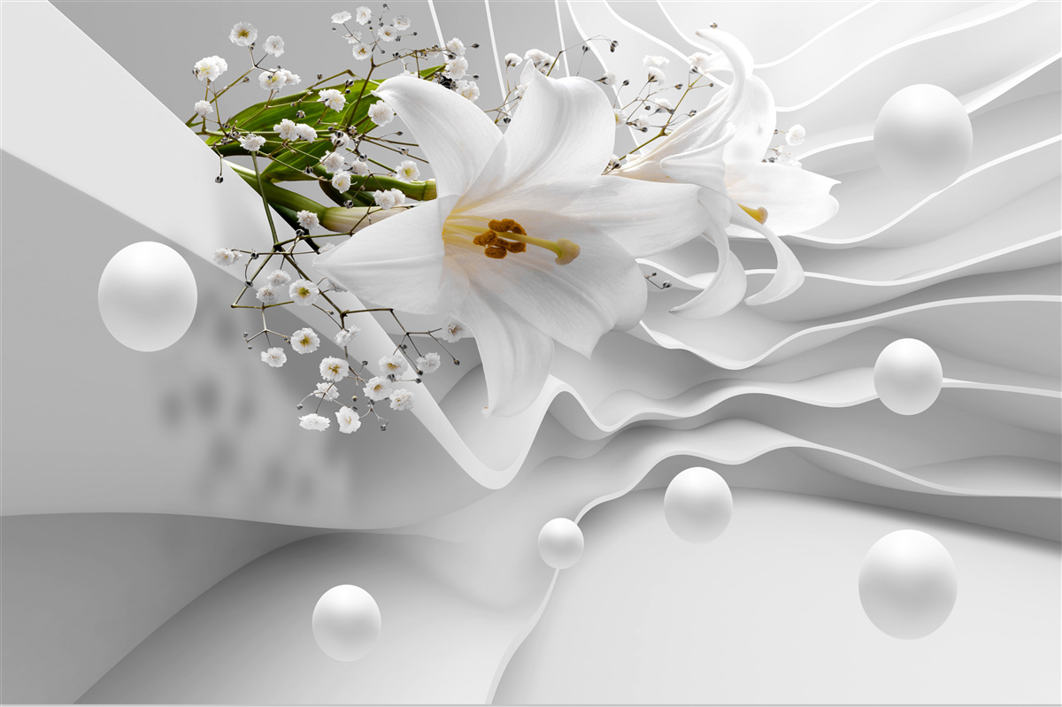 Papier peint fond abstrait décoré de lys blancs et d'éléments abstraits blancs