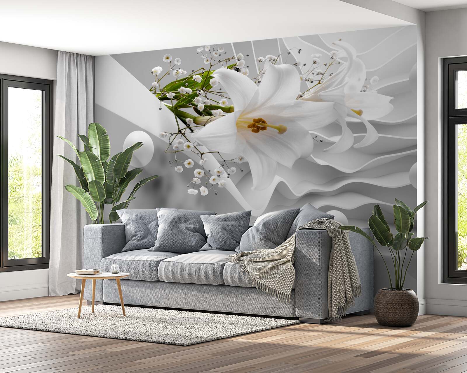 Papier peint fond abstrait décoré de lys blancs et d'éléments abstraits blancs