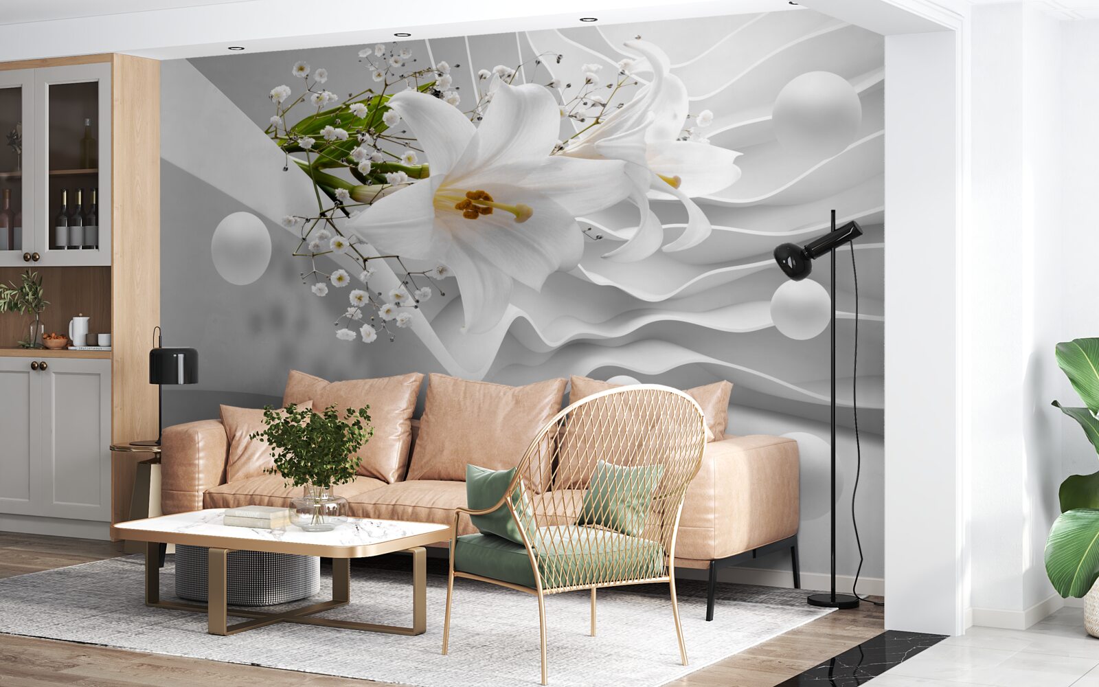 Papier peint fond abstrait décoré de lys blancs et d'éléments abstraits blancs