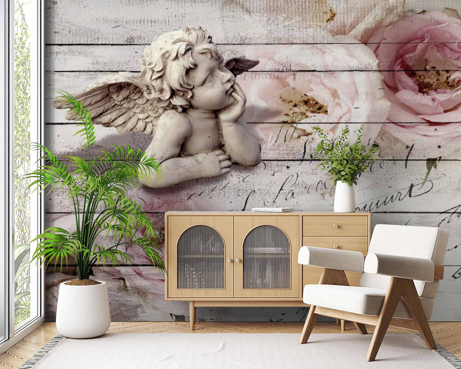 Papier peint petit ange attentionné sur le parquet