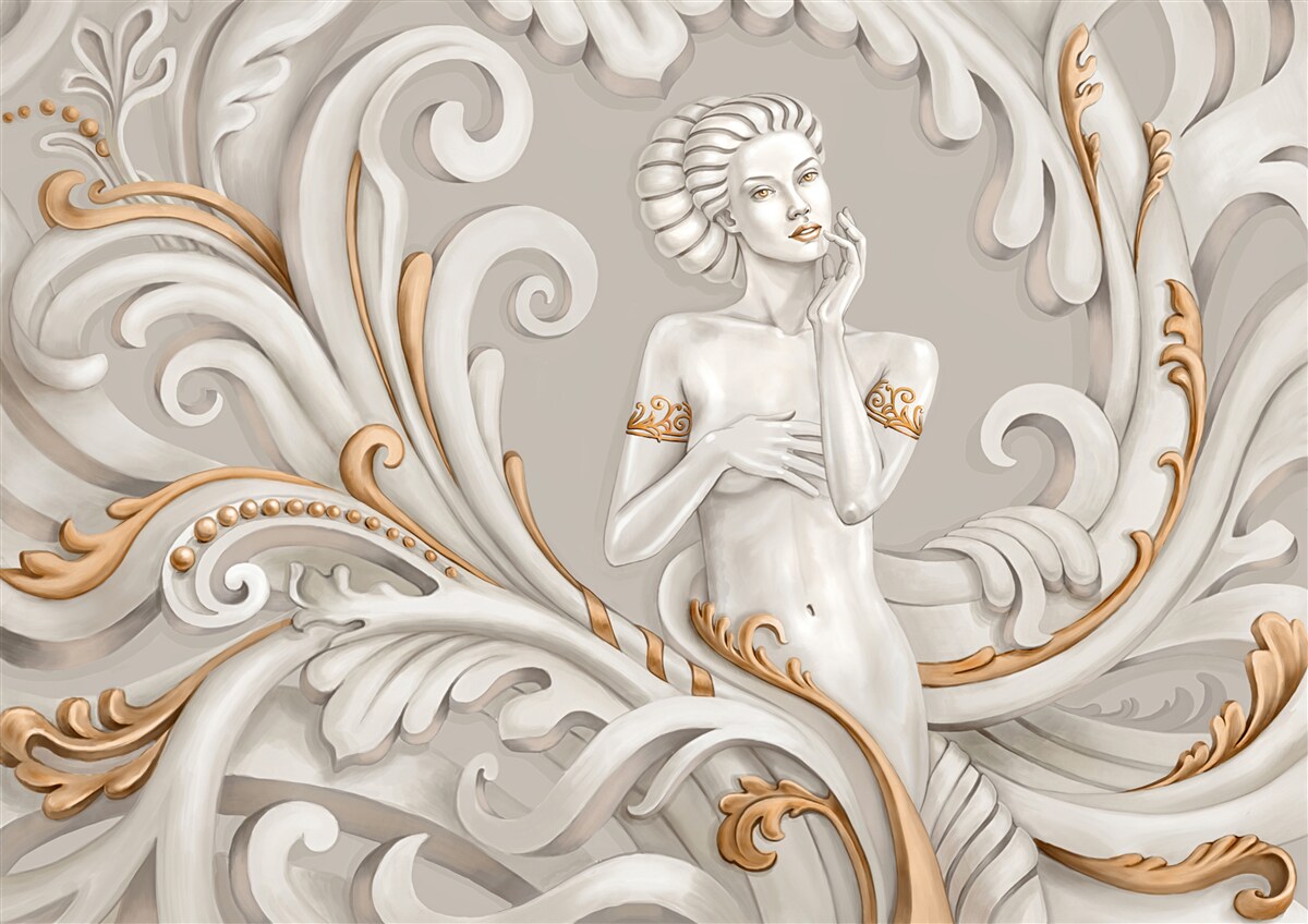 Papier peint femme non vêtue, à la peau blanche, avec des boucles blanches teintées de rose