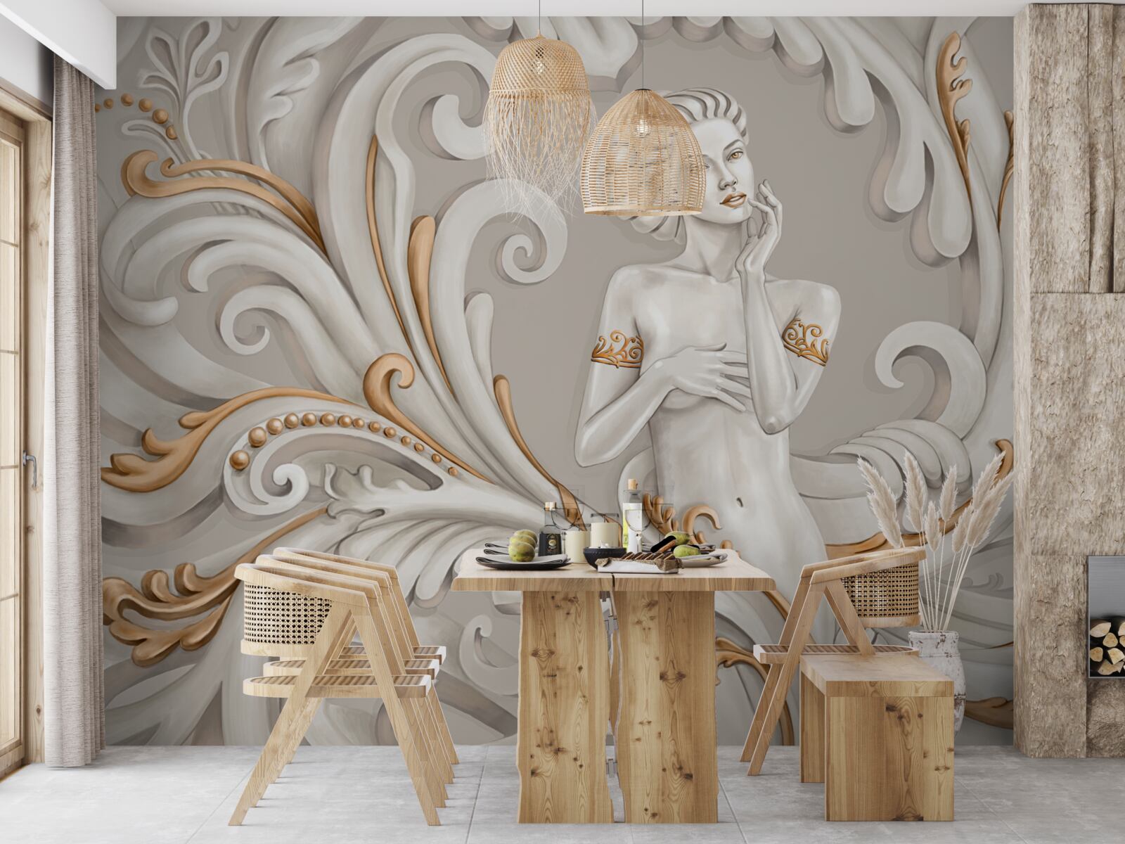Papier peint femme non vêtue, à la peau blanche, avec des boucles blanches teintées de rose