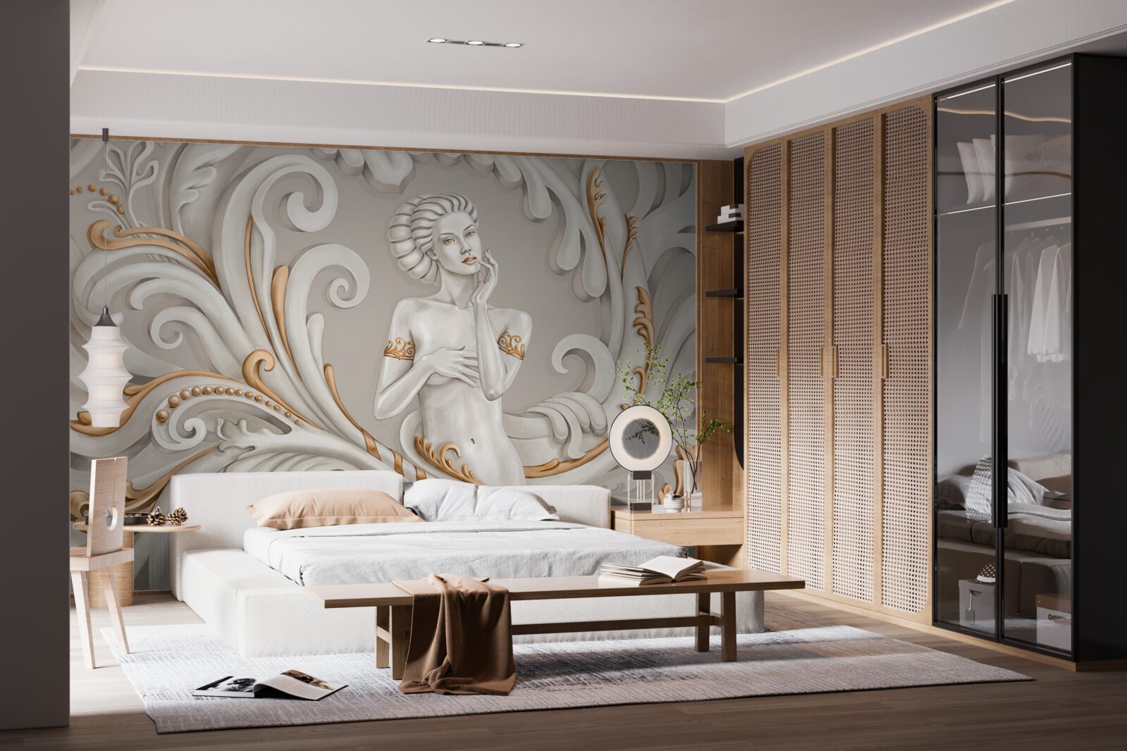 Papier peint femme non vêtue, à la peau blanche, avec des boucles blanches teintées de rose