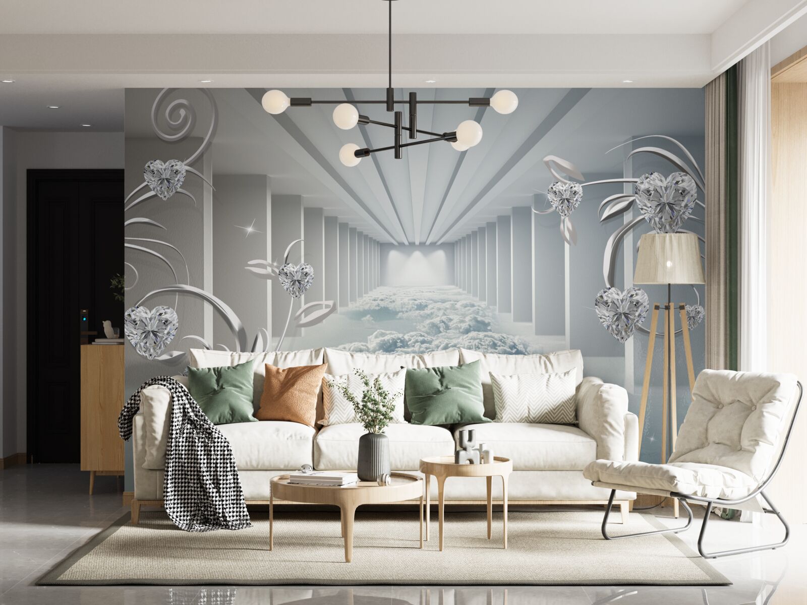 Papier peint long couloir blanc