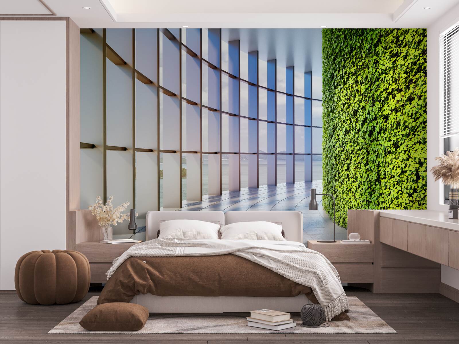 Papier peint immeuble de bureaux avec mur végétal