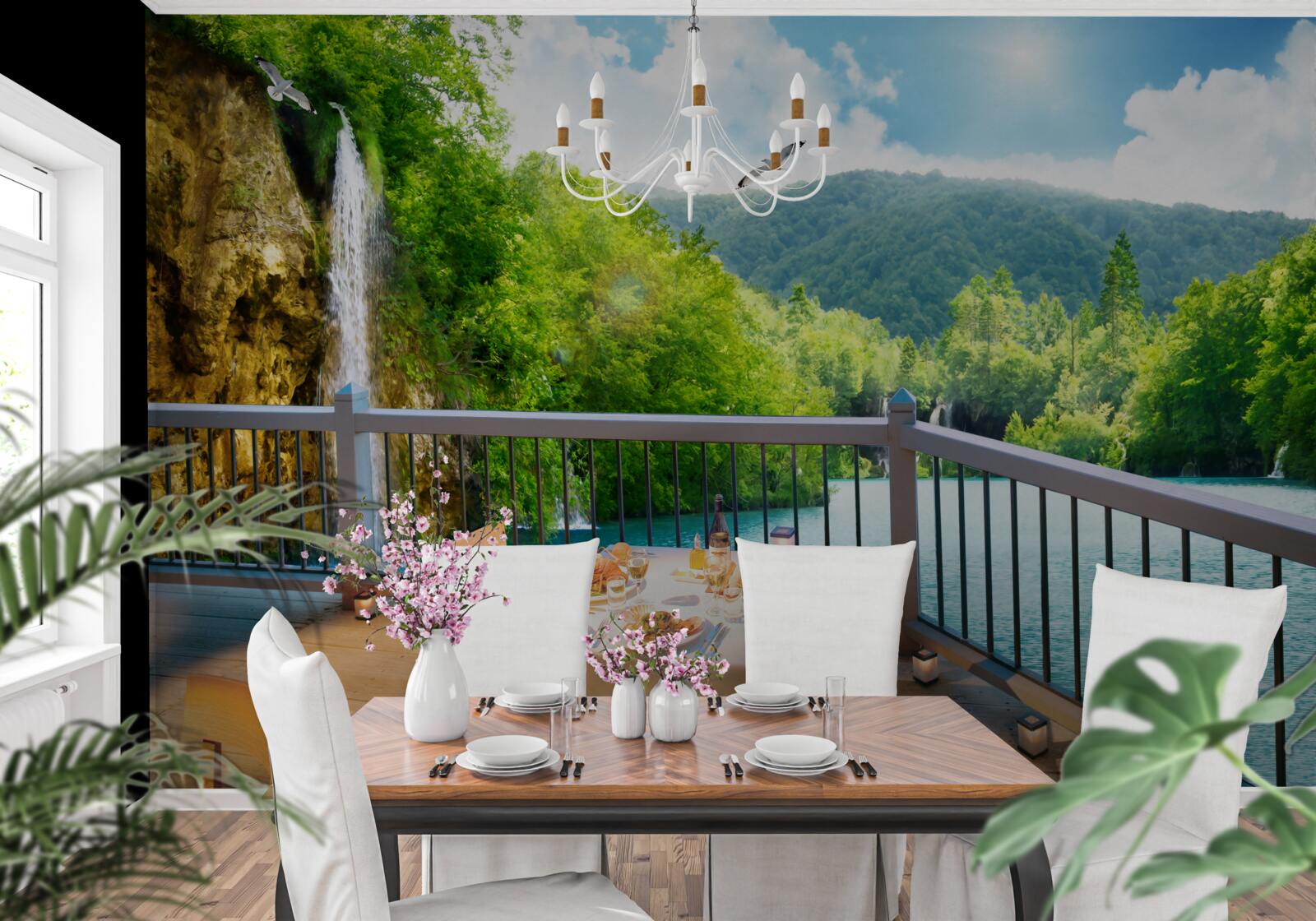 Papier peint Petit-déjeuner dans un cadre romantique avec vue sur une cascade