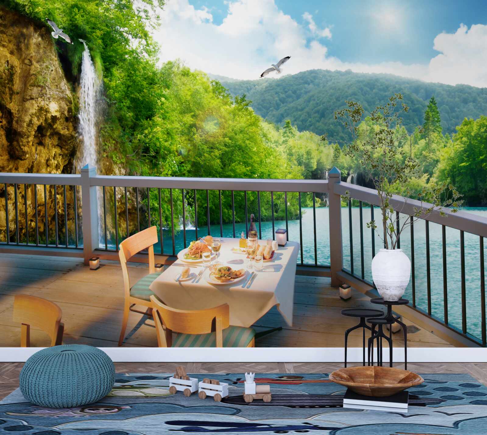 Papier peint Petit-déjeuner dans un cadre romantique avec vue sur une cascade