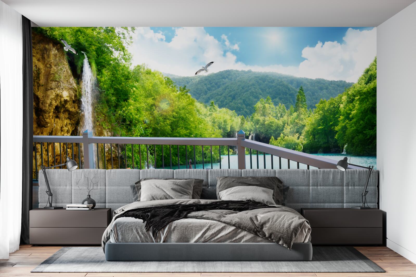 Papier peint Petit-déjeuner dans un cadre romantique avec vue sur une cascade