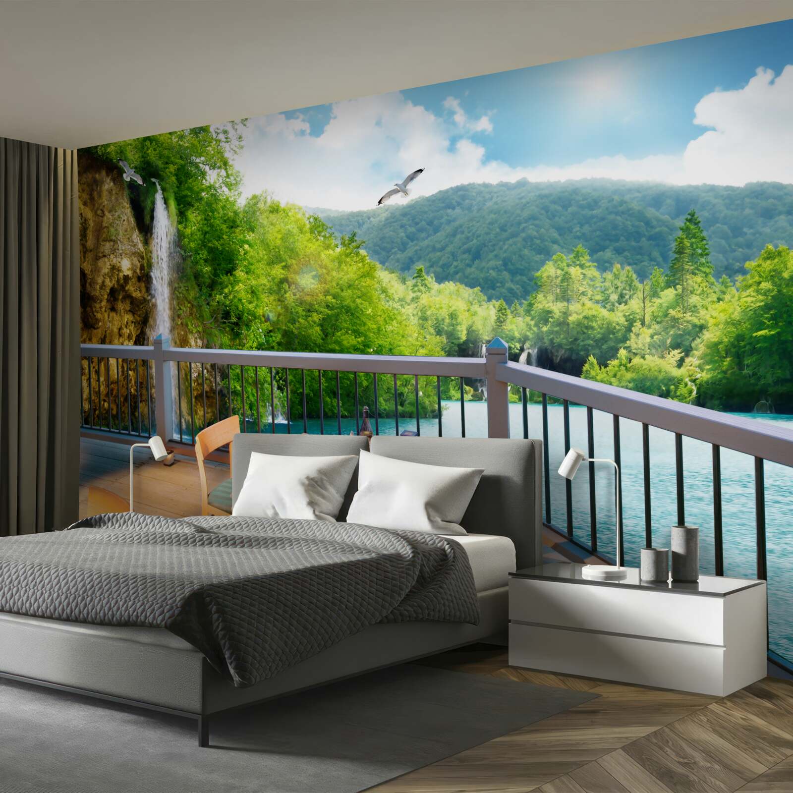 Papier peint Petit-déjeuner dans un cadre romantique avec vue sur une cascade